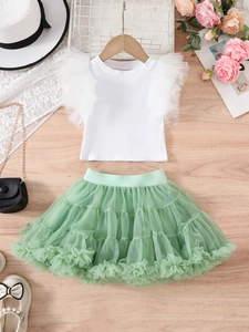 Toddler girl two-piece set featuring white flutter sleeve top and green layered tutu skirt