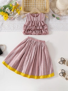 Girls summer two-piece set with sleeveless tiered top and yellow lace pleated skirt