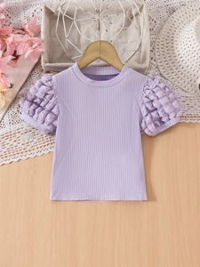 Lavender puff sleeve knit top with ribbed texture and elegant girls summer style
