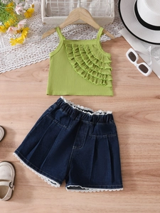 Mädchen Sommer Rüschen Rippen Tank Top Und Spitzenbesatz Denim Shorts Baumwolle Casual Täglich Urlaub Süße Kleidung Outfit