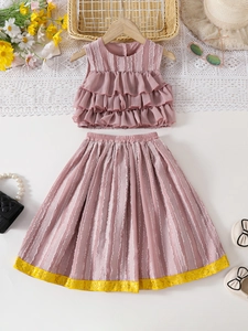 Pink tiered sleeveless top and pleated skirt set for girls with lace hem and summer accessories