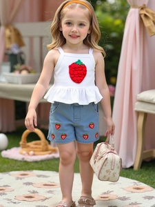 Girls summer two-piece outfit featuring white strawberry tank top and embroidered denim shorts