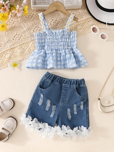 Girls Summer 2 Piece Outfit Plaid Gingham Cami Top And Distressed Denim Shorts With Daisy Smocked Flower Decor Kids Set