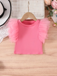 Girls Sweet Ribbed Knit T-Shirt Mesh Ruffle Flutter Sleeve Summer Cotton Top White Pink Purple Casual Tee