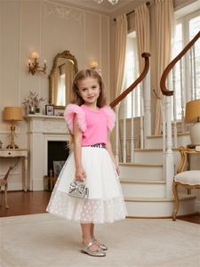 Completo da Bambina Estivo Dolce Top a Costine Senza Maniche e Gonna in Rete a Pois Due Pezzi Abbigliamento da Principessa