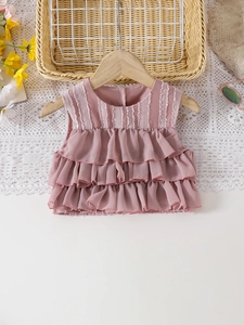 Pink sleeveless layered ruffle chiffon top for girls featuring tiered cake design