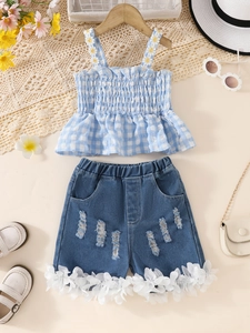 Girls' summer set featuring plaid ruffle camisole and distressed denim shorts with 3D petals