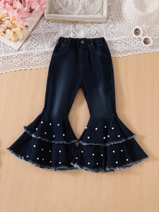 Kids navy flare jeans with pearl beads, tiered ruffle hem and elastic waistband
