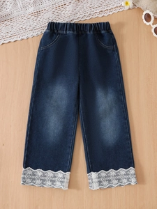Girls dark blue denim jeans with floral lace trim and elastic waist for summer kids fashion