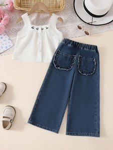 Ensemble d'été pour filles avec gilet brodé cerises et pantalon large en jean bleu