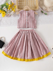 Girls summer two-piece outfit featuring pink sleeveless top and pleated skirt with lace