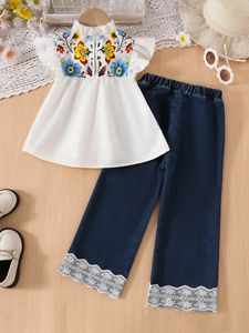 Girls 2-piece summer set with floral embroidered top and lace-trimmed denim pants