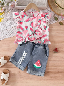 Toddler Girls Summer Clothing Set Cotton Watermelon Print Ruffle Top And Denim Shorts Casual Two Piece Outfits For Vacation