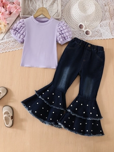 Girls Purple Ribbed Bubble Sleeve Knit Top And Artificial Pearl Beaded Flared Denim Pants Summer Sweet Casual Outfit