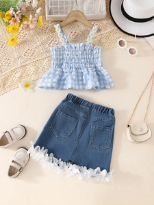 Girls summer set with blue plaid tank top daisy embroidery and denim shorts with petal trim