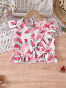 Girls' summer white sleeveless top with watermelon print and ruffled edge details