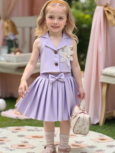 Vêtements d'été pour Filles Gilet à Revers Sans Manches Et Jupe Plissée Tenues Avec Nœud Papillon Fleur 3D Vêtements Formels