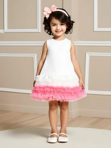 Elegant girls pink and white layered tulle princess dress with matching bow headband