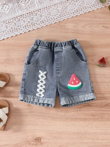 Girls high waist loose denim shorts with cute watermelon embroidery and elastic waistband