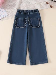 Jean large bleu foncé pour filles avec taille élastique et poches arrière à volants