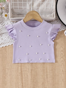 T-shirt d'Été pour Filles Manches Volantées Künstliche Perles Tricot Nervuré Coton Style Princesse Top Manches Courtes