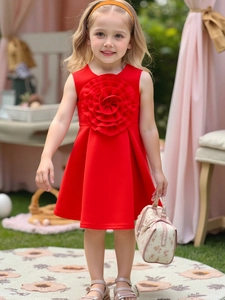 Elegant girls' red sleeveless party dress featuring a large 3D floral rose applique