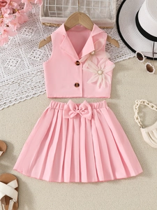 Ensemble 2 pièces rose pour fille avec haut sans manches fleuri et jupe plissée d'été