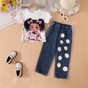 Tenue d'été fille avec t-shirt à manches bouffantes et jean imprimé marguerites