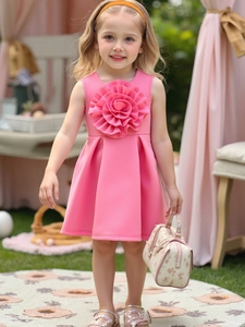 Pink sleeveless girls princess dress with a 3D floral accent in an outdoor garden