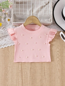 Haut tricoté rose pour fille avec manches volantes et perles blanches décoratives