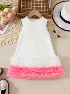Sleeveless girls princess dress with white bodice and pink gradient mesh tulle skirt