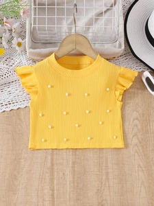 Haut d'été jaune vif pour filles avec manches à volants et décorations en perles