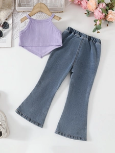 Σετ για κορίτσια με μωβ halter top και μπλε τζιν παντελόνι καμπάνα με πλύσιμο