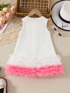 Girls sleeveless white and pink gradient tulle princess dress with multi-layer mesh skirt