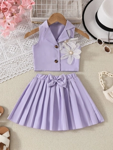 Ensemble d'été 2 pièces pour filles avec gilet lilas et jupe plissée à fleurs 3D