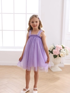 Robe d'été violette en tulle pour fille avec paillettes étoiles et bretelles volantées