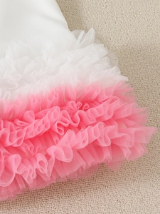 Pink and white tiered tulle princess dress for girls with elegant layered mesh details