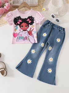 Pink sweet T-shirt and daisy denim flare pants set for girls summer casual outfit