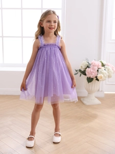 Robe en tulle violette pour fille avec étoiles argentées et volants été 2025