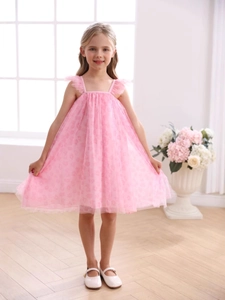 Pink floral mesh princess dress for girls with ruffled straps and A-line silhouette