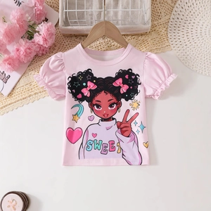 Detail of girls' pink cotton T-shirt featuring sweet cartoon print and ruffle bubble sleeves