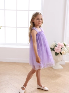 Robe tutu en tulle violet pour filles avec étoiles argentées et bretelles plissées