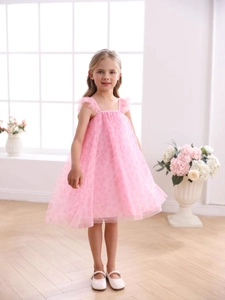 Pink tulle girls princess dress with floral prints and bow details for summer fashion