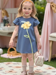 Abito Estivo a Trapezio Blu Pavone per Ragazza Con Decorazione Floreale 3D Maniche a Sbuffo Misto Cotone Poliestere per Bambini