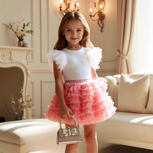 Detail of girls' outfit with ruffle sleeve knit top, pink tutu skirt and silver bow handbag