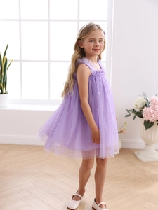 Robe de princesse en tulle violet clair pour filles avec paillettes argentées scintillantes