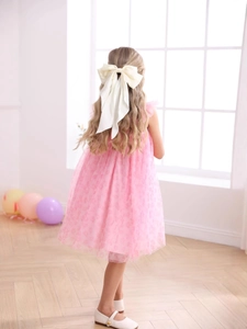 Pink mesh princess dress for girls with floral print and large bow hair accessory