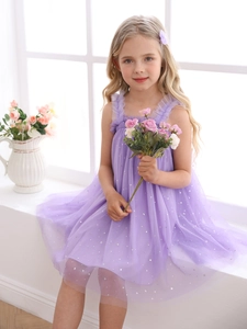 Robe de Princesse en Tulle Lavande pour Petites Filles Paillettes Étoile et Lune d'Argent Volants Tutu en Maille de Fête