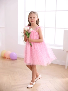 Sleeveless girls pink tulle princess dress with floral embroidery and ruffle straps