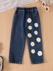 Pantalon en jean fille bleu foncé avec broderie marguerite et taille élastique souple